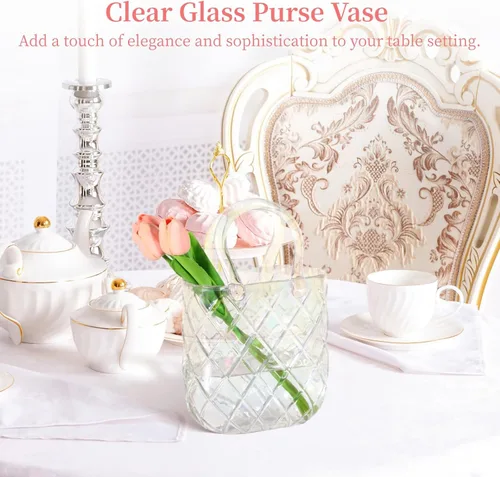 Vista 2 de Glass Handbag Vase For Flowers, Iridescent Decorative Glass Centerpiece With Handle, Unique Flower Holder For Table Décor