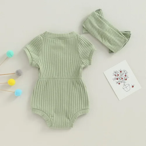 Vista 31 de Traje de verano para niña pequeña, de manga corta, acanalado, overol liso, pantalones cortos, ropa para recién nacidos