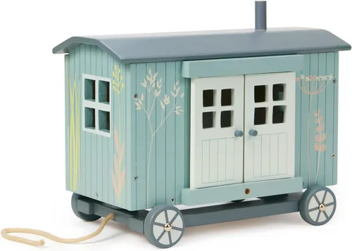 Vista 3 de Tender Leaf Toys - Cabaña del Pastor de la Pradera Secreta - Cabaña de Pastor de Madera Portátil y Amueblada con Ruedas, Incluye 11 Piezas