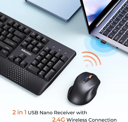 Vista 2 de MEETION Nuevo teclado y ratón inalámbrico, combo de teclado y ratón para computadora, ratón de 3 DPI ajustable, teclado inalámbrico de tamaño Negro