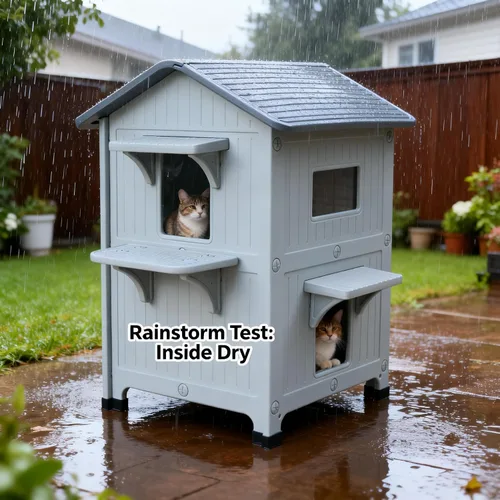Vista 4 de Casa para gatos climatizada resistente a la intemperie para gatos ferales, refugio elevado de plástico aislado de 2 pisos con puerta de escape, Gris