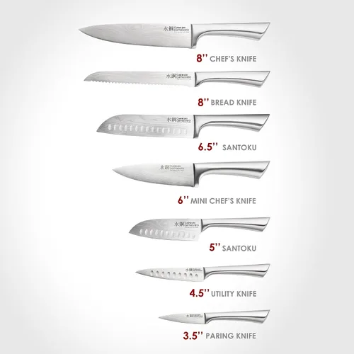 Vista 2 de Cuisine: pro Damashiro - Bloque de cuchillos Satori de 8 piezas, juego de cuchillos de acero japonés con bloque de cuchillos de madera de acacia