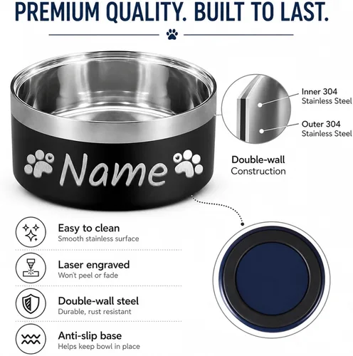 Vista 3 de Custom Dog Bowl Personalized Dog Bowls with Name Stainless Steel Non-Slip Negro