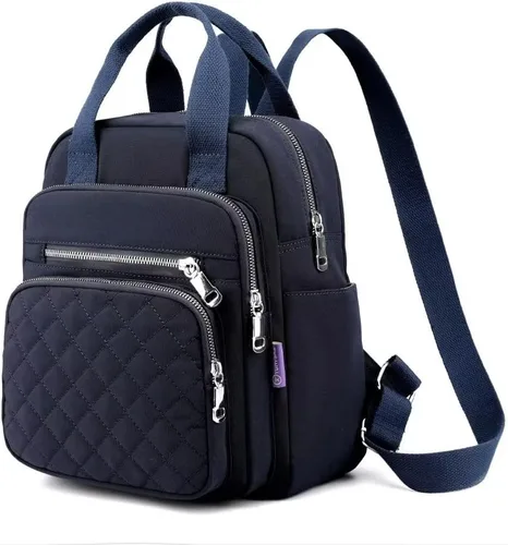 Vista 12 de Mochila pequeña para mujer, casual, acolchada, cuadrada, impermeable, con múltiples bolsillos, ligera, asa superior, Negro, Pequeño, Mochilas