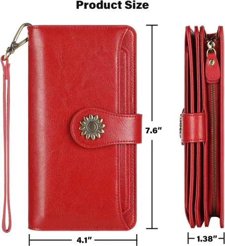 Vista 7 de Lavemi Carteras de cuero genuino de gran capacidad con bloqueo RFID para mujer, tarjetero con correa para la muñeca