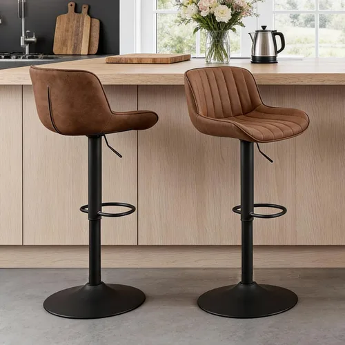 Vista 10 de Fat Ant Juego de 2 taburetes de bar ajustables de piel sintética, sillas de bar giratorias con respaldo, taburete de isla de cocina moderno tapizado