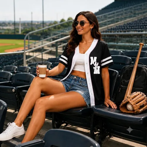 Vista 7 de Womens Baseball Jersey - Short Sleeve Button Down Graphic Tees for Women Béisbol Minnie Negro