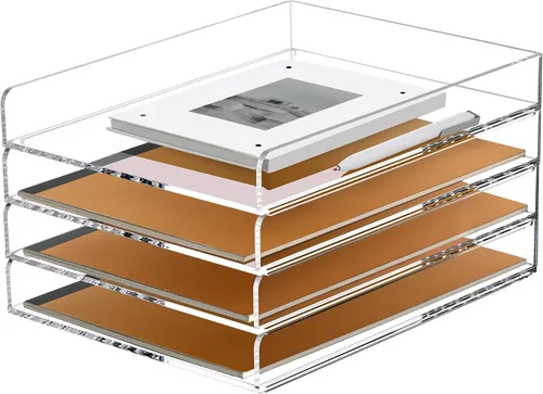 Vista 11 de Paquete de 2 bandejas apilables de papel para cartas, organizador de escritorio de archivos A4 ampliado, organizador de escritorio de acrílico