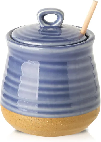 Vista 10 de HASENSE Olla de cerámica para miel con tapa, frasco de miel de 12 onzas con cucharón de madera, juego de palito y frasco para miel, lindo recipiente