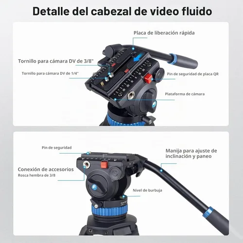Vista 3 de SIRUI AM-25S Trípode de Video, 74.8" Trípode Profesional de Servicio Pesado con Cabezal Fluido de Amortiguación Ajustable para Videocámara, Cámaras