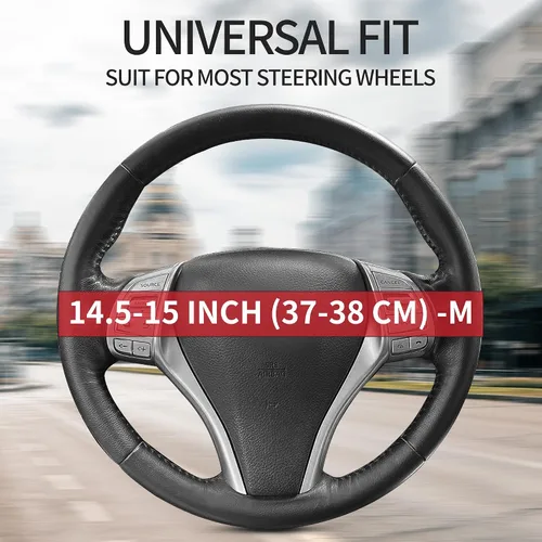 Vista 3 de Funda antideslizante de piel de napa para volante de automóvil, accesorios universales para automóvil para mujeres y hombres, apto para SUV de 14