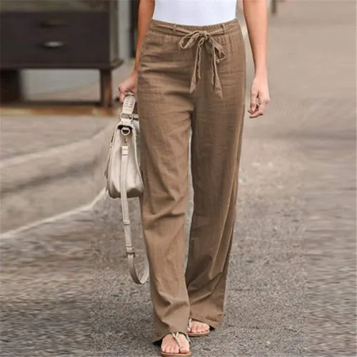 Vista 2 de Sharemen Pantalones de verano para mujer, de algodón, cómodos, de lino, con bolsillos, elásticos, casuales, pantalones largos de cintura alta