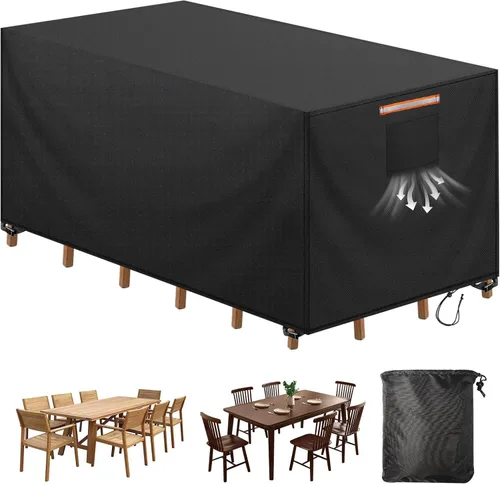 Vista 12 de Funda para silla de mesa redonda de 70 pulgadas, impermeable, 420D, resistente, resistente al viento, funda protectora para muebles de exterior Negro