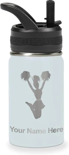 Vista 69 de LaserGram Botella de agua con tapa abatible de doble pared de 12 onzas con pajita, animadora, grabado personalizado incluido (negro)