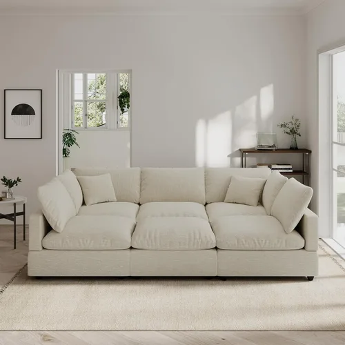 Vista 52 de Sofá seccional moderno de lino en forma de L para sala de estar, sofás modulares con relleno de plumón, fundas de cojín de sofá desmontables, sofá