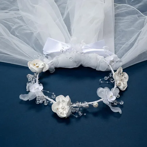 Vista 4 de Fleursun Corona de cabeza de niña con velo de primera comunión con velo blanco floral