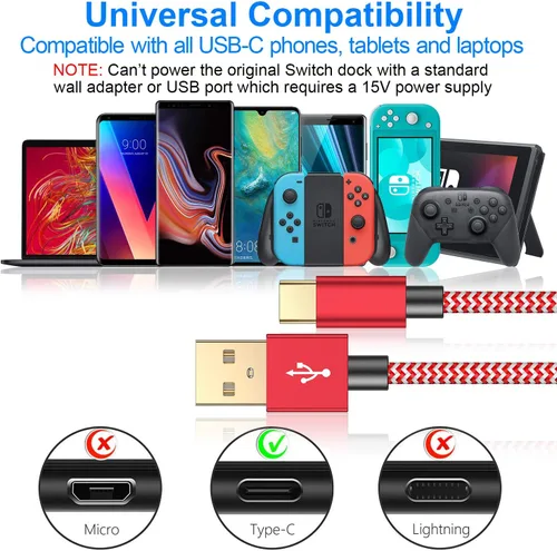 Vista 5 de Cable de carga para interruptor NS y Switch Lite Switch OLED paquete de 2 cables de carga rápida USB C a USB A tipo C para controlador Pro Samsung