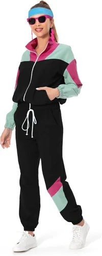 Vista 16 de Conjunto de traje de pista de bloque de color de los años 80, rompevientos de manga larga de los años 90, traje deportivo casual para mujer