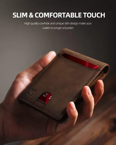 Vista 6 de MIROMIHO Cartera delgada de cuero genuino para hombres minimalista plegable bloqueo RFID con caja de regalo, café de caballo loco TQB01, Minimalista