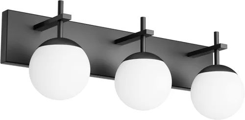 Vista 11 de Ralbay Lámpara de pared de baño negra mate, 2 luces, iluminación moderna de mediados de siglo, luz de tocador de globo de vidrio lechoso negro