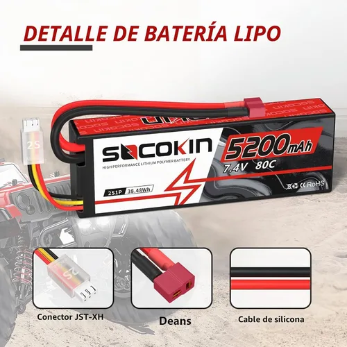 Vista 2 de 2S Lipo Batería 7.4V 5200mAh 80C Batería con estuche rígido T-Plug para RC Evader BX Car Buggy Boat Drones 1/10 Escala Racing Truck Racing Heli