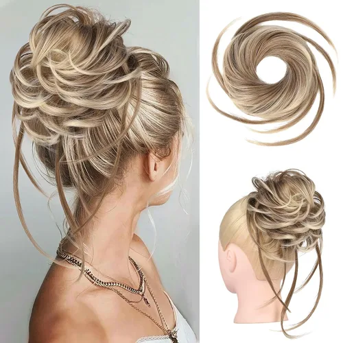 Vista 16 de HOOJIH Pieza de pelo desordenado de moño – Extensiones superlargas despeinadas, cola de caballo ondulada con banda elástica para mujeres y niñas