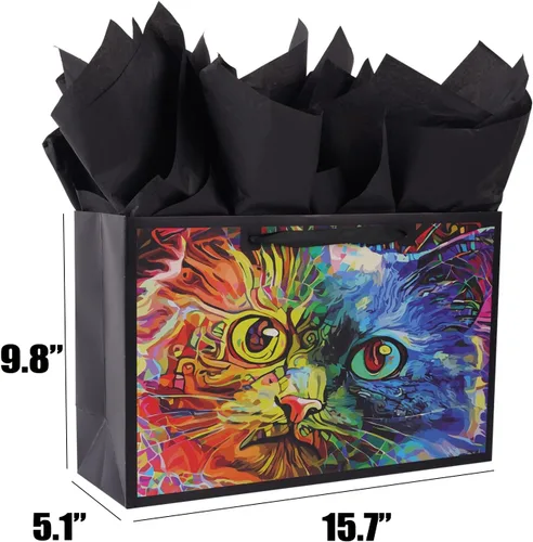 Vista 2 de ysmile Bolsa de regalo negra con bolsa de papel boutique con asa de gran tamaño para mujeres y hombres de 15.7 pulgadas - gato