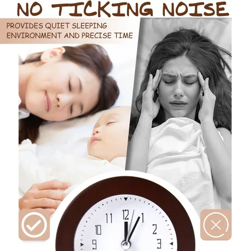 Vista 5 de Reloj despertador analógico de madera, silencioso y sin tictac, funciona con pilas, reloj de mesa con luz nocturna para dormitorio, habitación