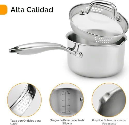 Vista 3 de Cacerola de acero inoxidable con tapa de vidrio templado, olla multiusos de 2.5 cuartos de galón, olla para verter fácilmente con mango ergonómico