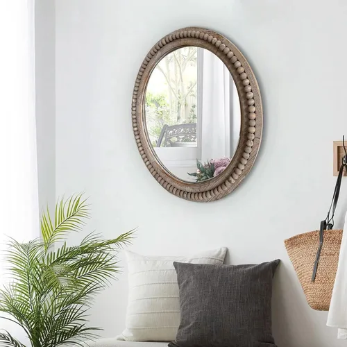 Vista 6 de Espejo circular de pared de madera redondo rústico de 24 pulgadas con cuentas, espejo decorativo de granja para sala de estar, dormitorio, cocina
