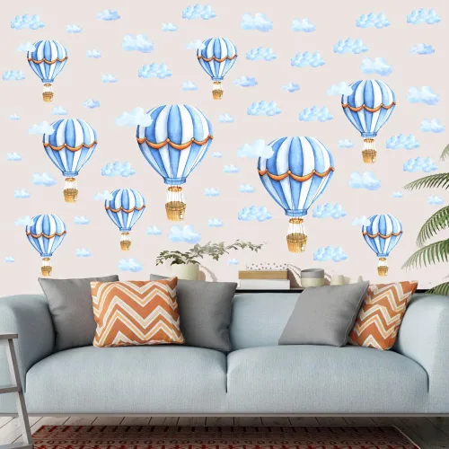 Vista 6 de Calcomanías de pared extraíbles para globos de aire caliente grandes, calcomanías de vinilo de nubes azules, autoadhesivos, murales artísticos