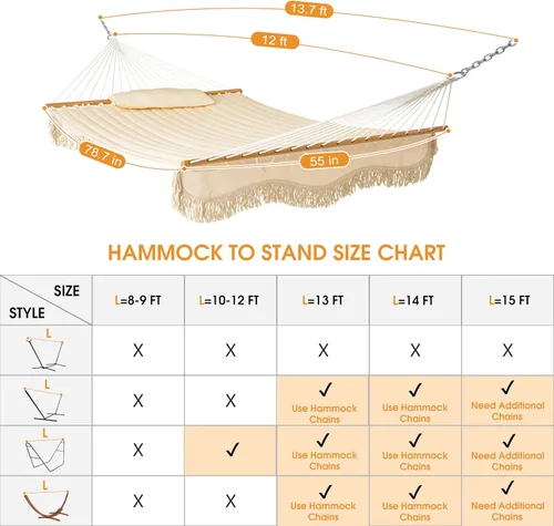 Vista 8 de Lazy Daze Hammocks Hamaca de tela acolchada doble de 12 pies con barra separadora de madera dura, borlas, almohada suave, cadenas, hamaca para 2
