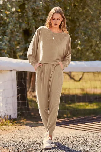 Vista 5 de PRETTYGARDEN - Conjunto de moda de 2 piezas para mujer, color liso, sudadera sin botones y de manga larga, pantalón largo