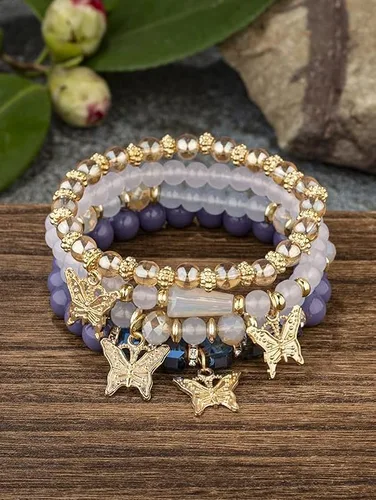Vista 2 de 4pcs Butterfly Bohemian Beaded Stackable Stretch Bracelet Set Elastic Colorful Charm Multi-Layer Butterfly Crystal Stone Stretch Bracelets