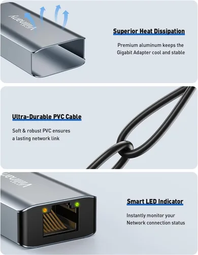 Vista 7 de Adaptador USB a Ethernet, Gigabit Ethernet a USB C, adaptadores de red Rj45 a USB, adaptador Ethernet de 1000 mbps, compatible con laptop, MacBook