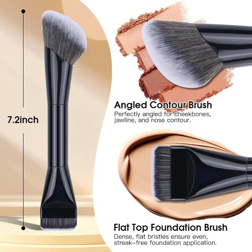 Vista 3 de Brocha de maquillaje de doble extremo, base plana y pincel de contorno en ángulo para una mezcla impecable, cobertura suave y contorno sin esfuerzo