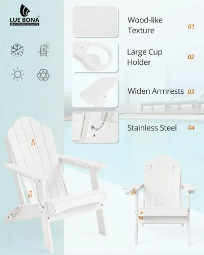 Vista 4 de LUE BONA Silla Adirondack plegable, juego de 2, portavasos, grano de madera, hoguera, patio, piscina, color blanco All-weather Use, Woodgrain