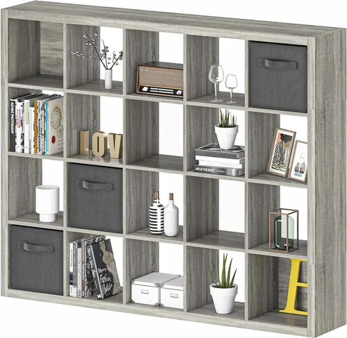 Vista 28 de Estantería con contenedor de almacenamiento, organizador de almacenamiento de 6 cubos, estantería abierta de madera moderna, estante de cubículos