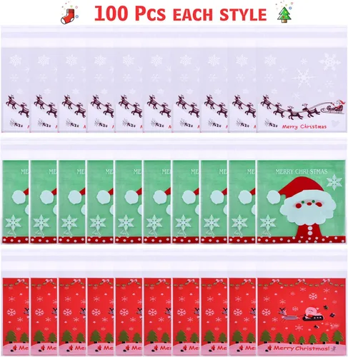 Vista 2 de Coopay 300 bolsas de galletas de caramelo de Navidad, bolsas autoadhesivas de celofán con patrones de alce de Navidad de copo de nieve