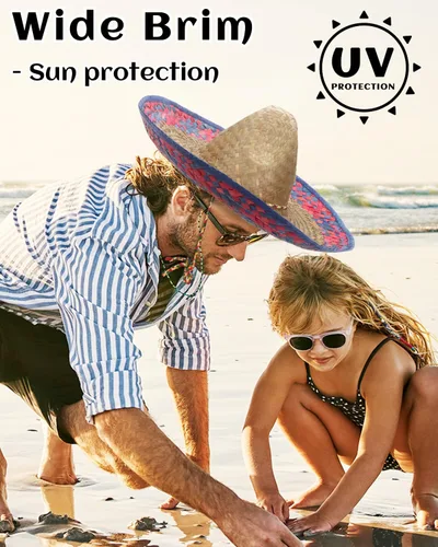 Vista 5 de DUNCHATY Auténtico sombrero de paja mexicana con ribete de serape, sombrero de disfraz para adultos para fiesta del Cinco de Mayo