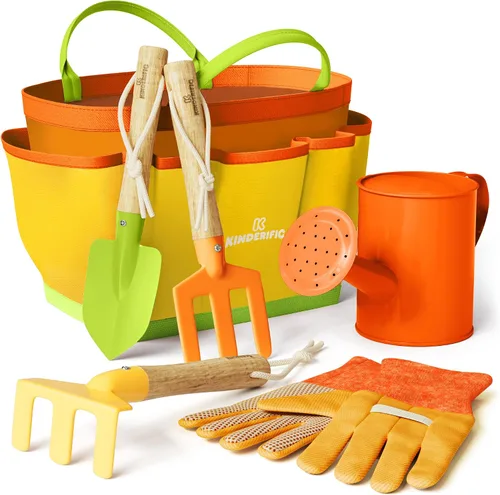Vista 9 de Kinderific Juego de herramientas de jardinería, para niños, STEM, incluye bolsa de mano, pala, regadera, rastrillo, tenedor, paleta y guantes