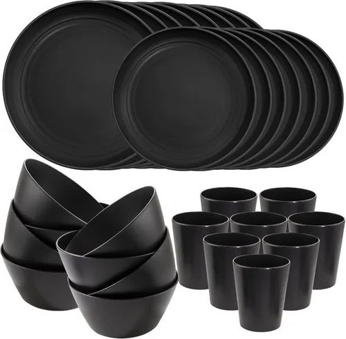 Vista 11 de LIYH Juego de vajilla de paja de trigo de plástico gris de 48 piezas - Juegos de platos y cuencos, juego de platos de camping para 12, platos