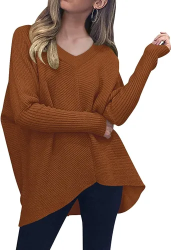 Vista 2 de ANRABESS - Suéter tejido para mujer, cuello en V, caída larga tipo murciélago, dobladillo asimétrico, estilo casual