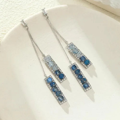 Vista 6 de Pendientes personalizados con colgante geométrico de diamantes de imitación azules para mujer, Zinc, No es una piedra preciosa