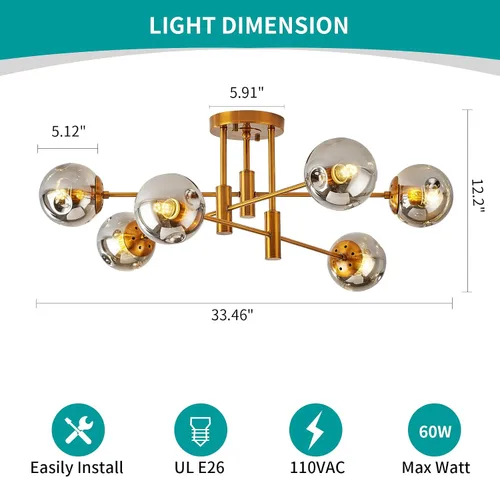 Vista 2 de DDLLDESHI Lámpara de araña de 6 luces dorada con cubierta esférica de vidrio Sputnik, lámpara de techo de 34" de gran tamaño para comedor, lámparas