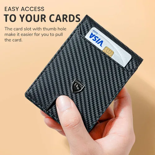 Vista 5 de GSOIAX Billetera delgada para hombre con bloqueo RFID, carteras plegables para hombre, minimalista, cuero auténtico, fibra de carbono, clip