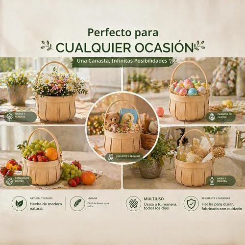 Vista 5 de Pequeña cesta redonda para astillas de madera con asa, almacenamiento decorativo natural