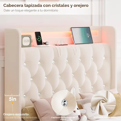 Vista 5 de HIFIT Marco de cama tapizada tamaño individual LED con cabecera de estación de carga y 4 cajones de almacenamiento, marcos de cama de plataforma