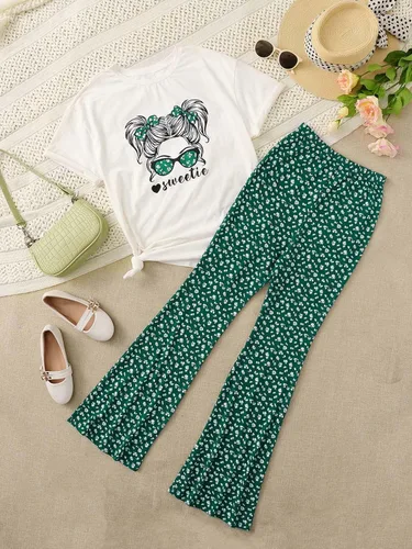 Vista 5 de SOLY HUX Conjunto de dos piezas para niña, camiseta de manga corta, camiseta gráfica y pantalones acampanados