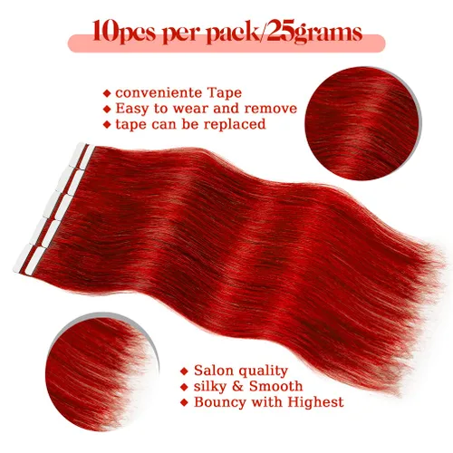 Vista 4 de Winsky Extensiones de cabello humano con cinta roja de 18 pulgadas, extensiones de cabello Remy con pegamento, 10 piezas de 0.88 onzas, cabello